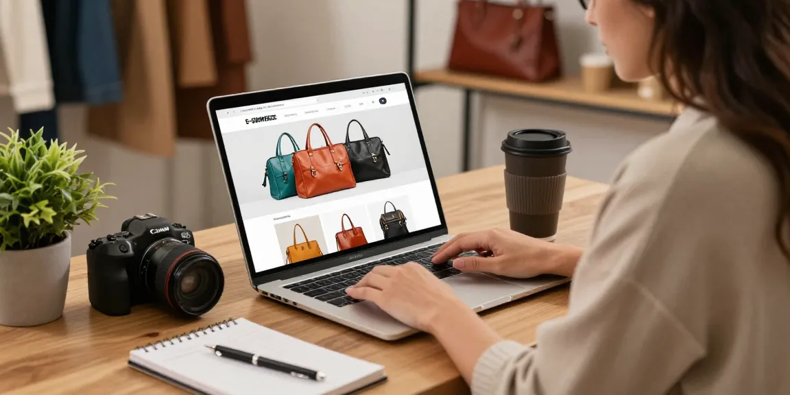 Woman browsing leather products online at her cozy workspace, showcasing stylish leather goods available for purchase.