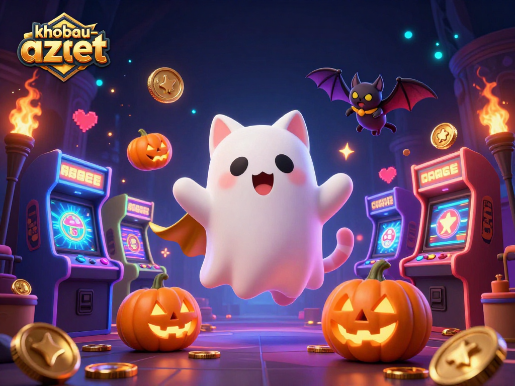 Engage with khobau-aztec's thrilling 3D adventure featuring a ghost cat and vampire bat amidst vibrant casino elements.