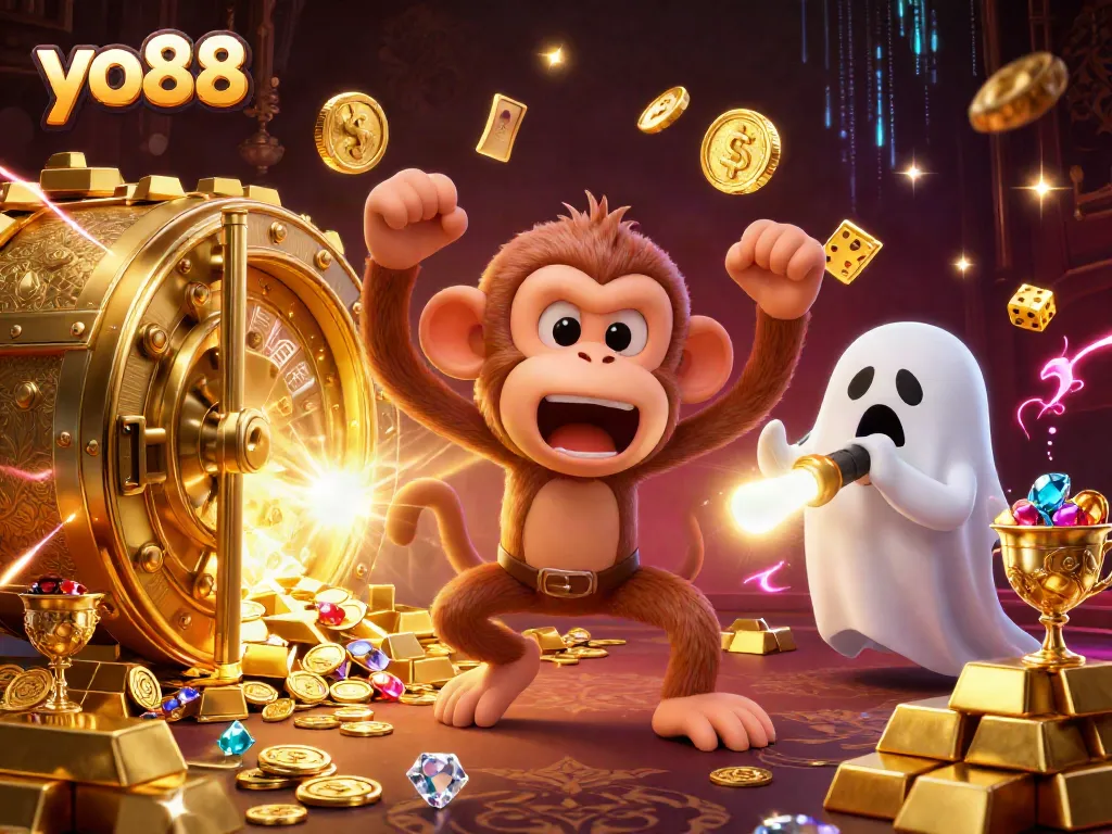 Experience thrilling wins with yo88 in this vibrant casino scene filled with treasures and playful characters.