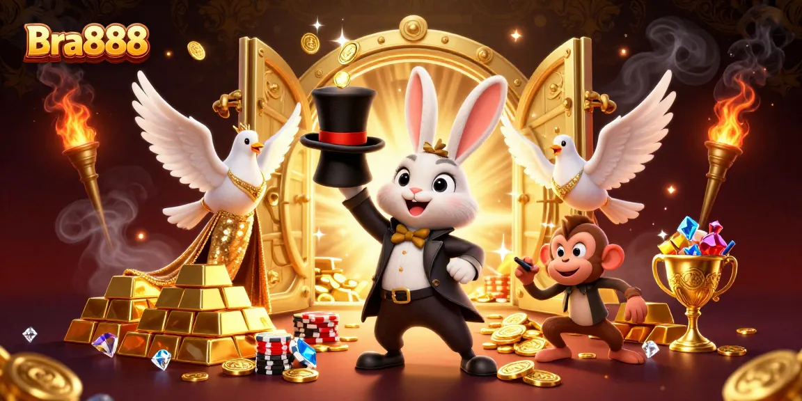 Experience the thrill of Bra888 with a magician rabbit, dove, and monkey amidst sparkling treasures.
