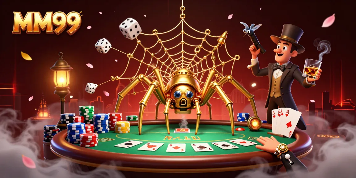 Experience thrilling action at MM99 gaming with a cartoon spider weaving a poker web.