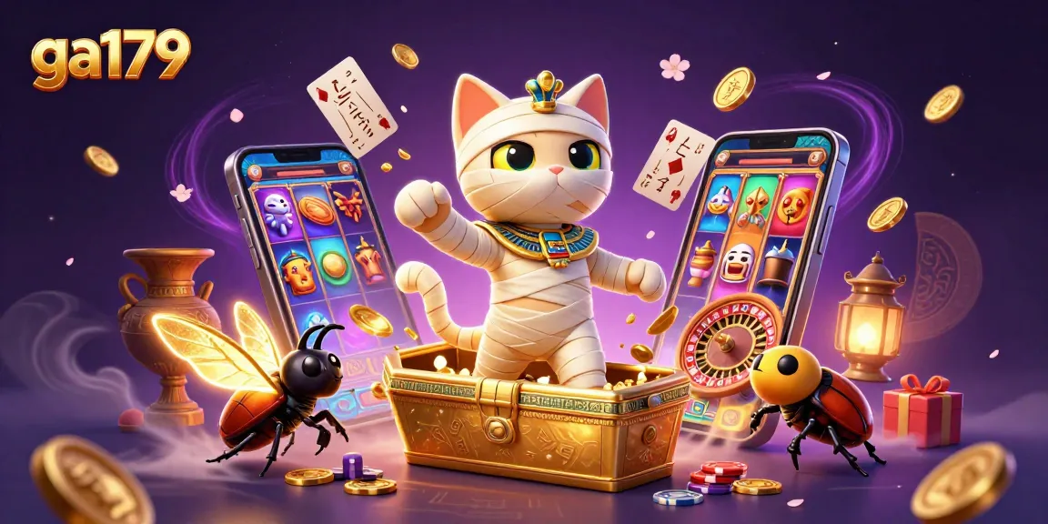 Experience ga179's thrilling slots with a cartoon mummy cat bursting from a casino sarcophagus.