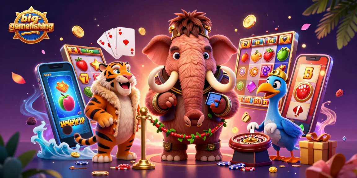 Experience big-gamefishing excitement with a woolly mammoth bouncer at the entrance of a vibrant casino