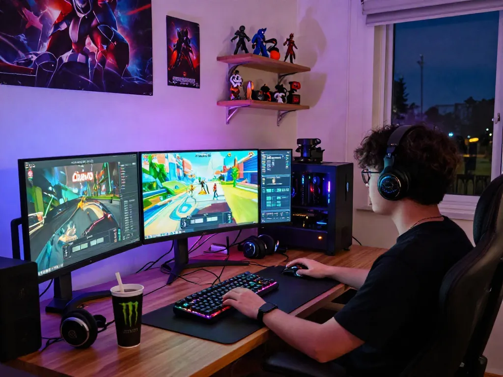 Pengaturan permainan diana4d dengan monitor cerah dan perlengkapan gaming di ruangan yang nyaman