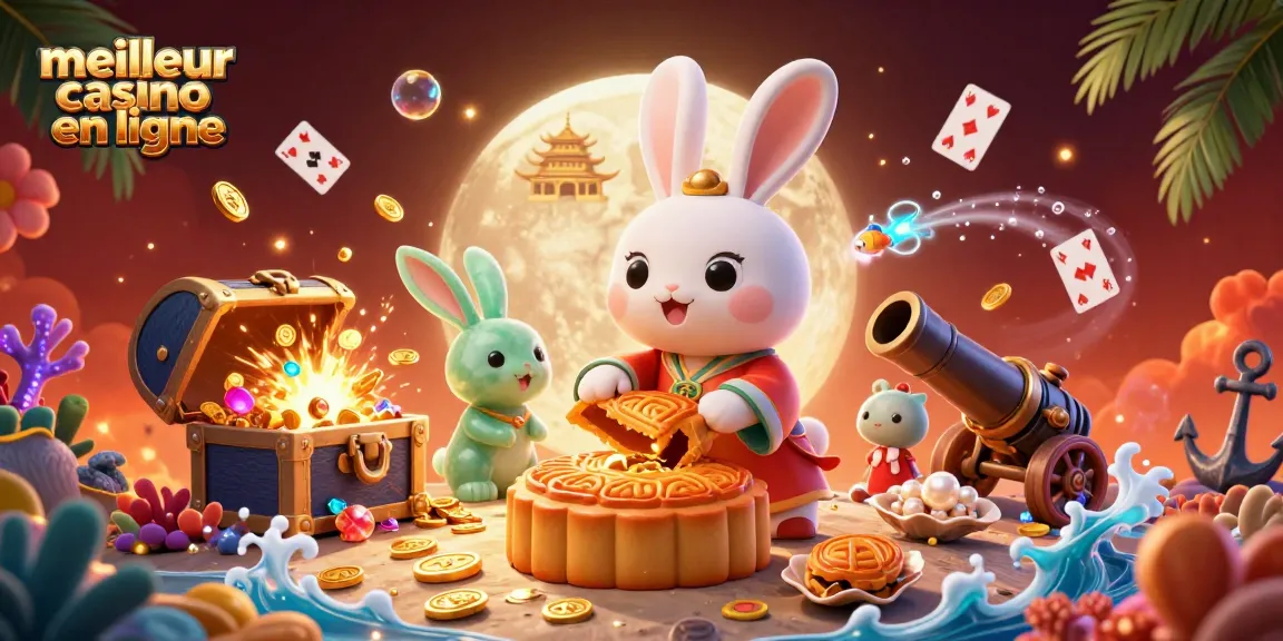 Visitez le meilleur casino en ligne où un lapin lunaire enchanteur révèle des jetons de poker dans une illustration 3D fascinante.