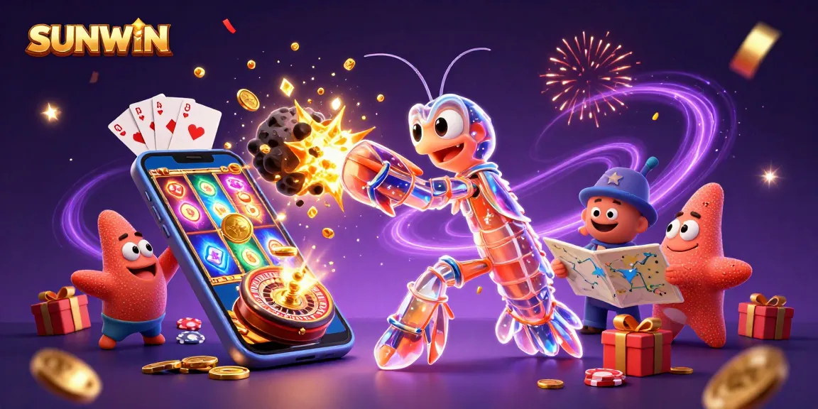 SUNWIN casino scene featuring a galactic samurai mantis shrimp and starfish in a vibrant, action-packed illustration.