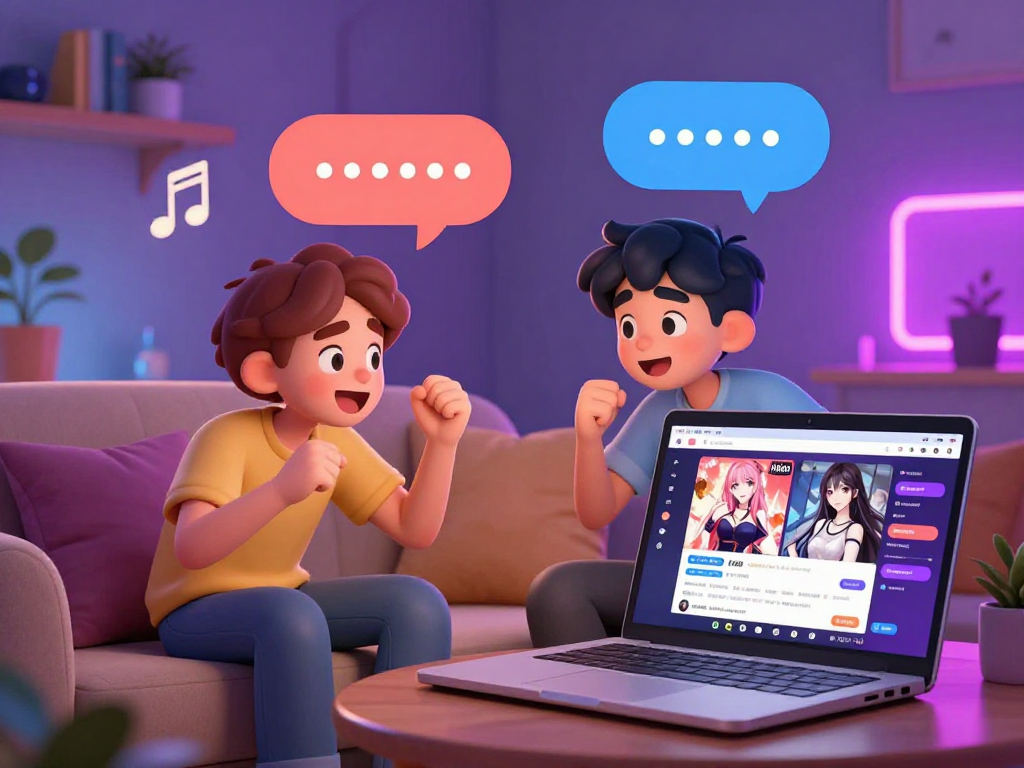Engaging hentai chat scene with animated avatars showcasing lively interactions and vibrant virtual lounge setting.
