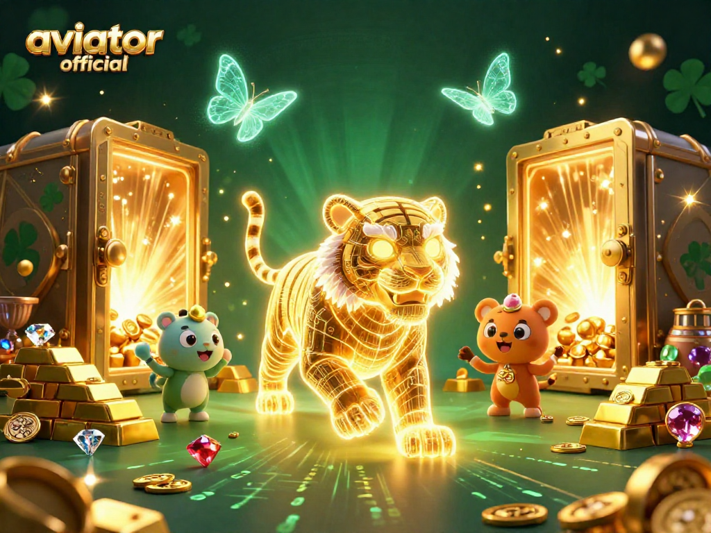 Play exciting games like Aviator Official in this vibrant casino illustration with golden treasures.