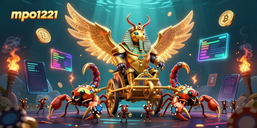 Engage in the thrilling world of mpo1221 with vivid casino-themed 3D elements and characters.
