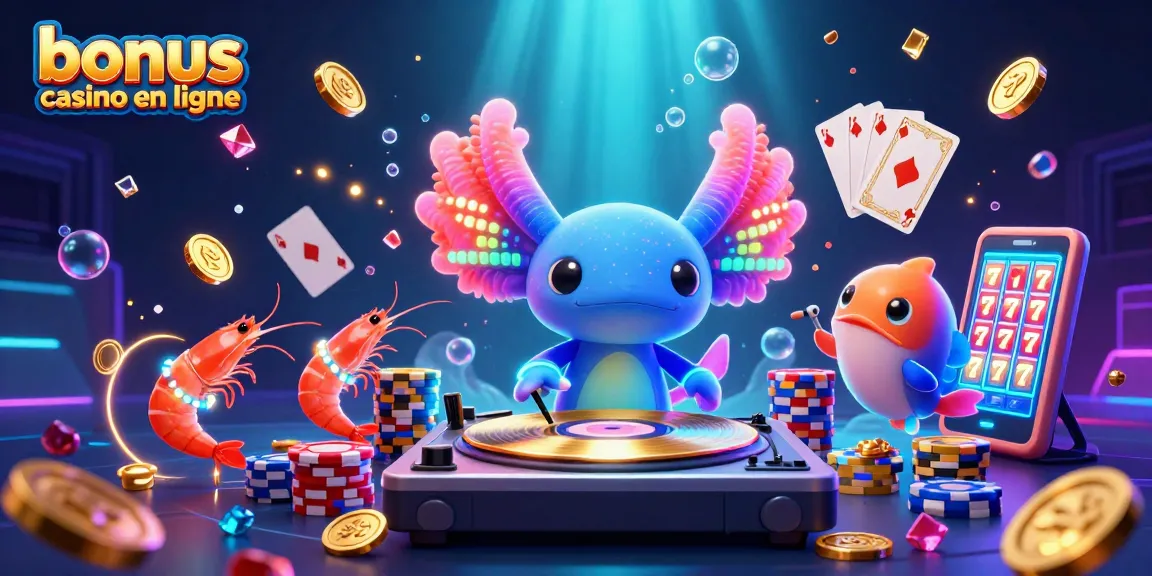 Jouer avec des bonus casino en ligne dans une illustration animée d'un DJ axolotl vibrant.