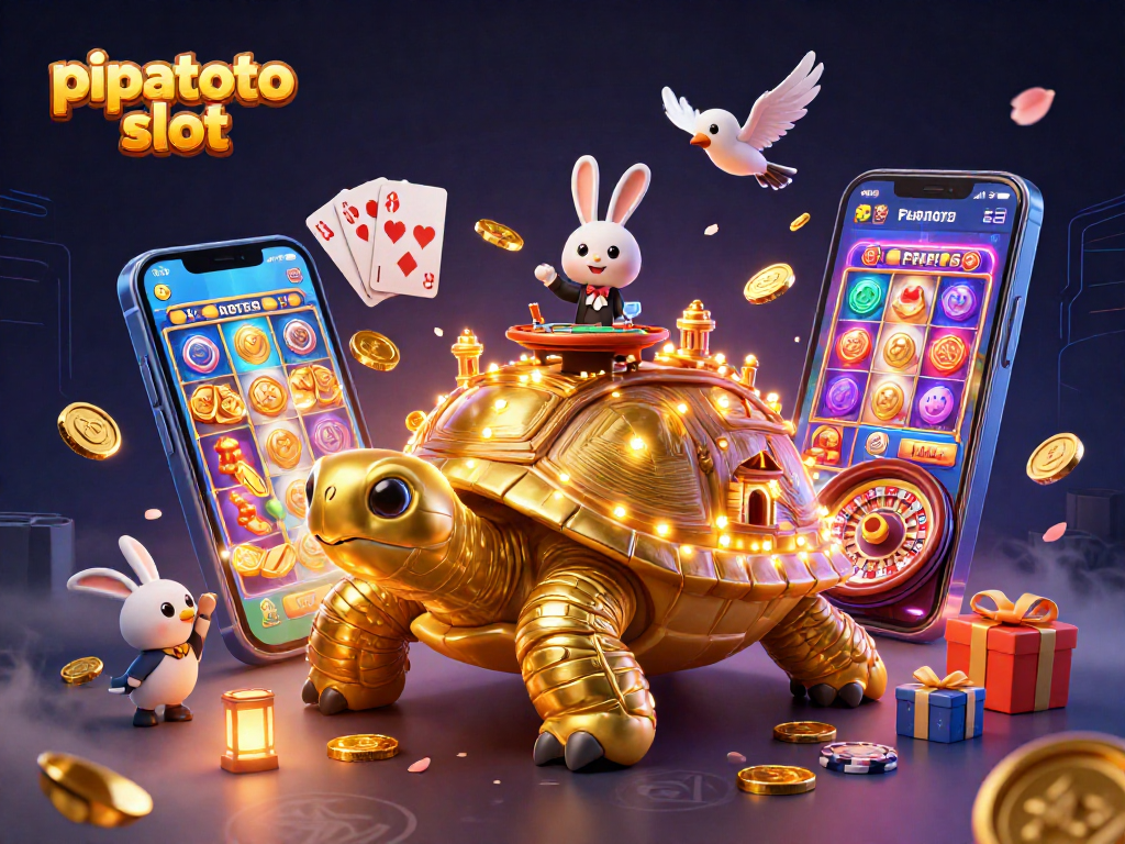 Pipatoto slot offers a vibrant 3D scene with an animated tortoise casino surrounded by games, delighting players.