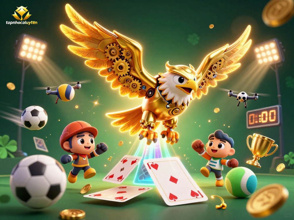 topnhacaiuytinn showcases a thrilling 3D casino scene with a dynamic golden eagle amid flying sports balls and holographic cards.
