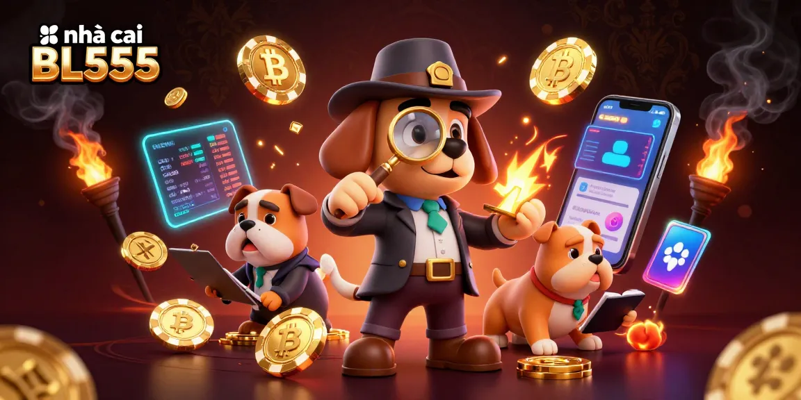 Engage with the thrilling atmosphere of nhà cái BL555 as a detective uncovers hidden poker chip treasures among glowing cryptocurrency.