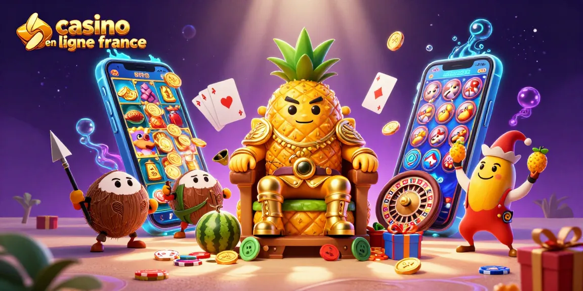 Plongez dans l'univers du casino en ligne France avec des personnages colorés juchés sur un trône au bord de la plage, entouré de jeux captivants.