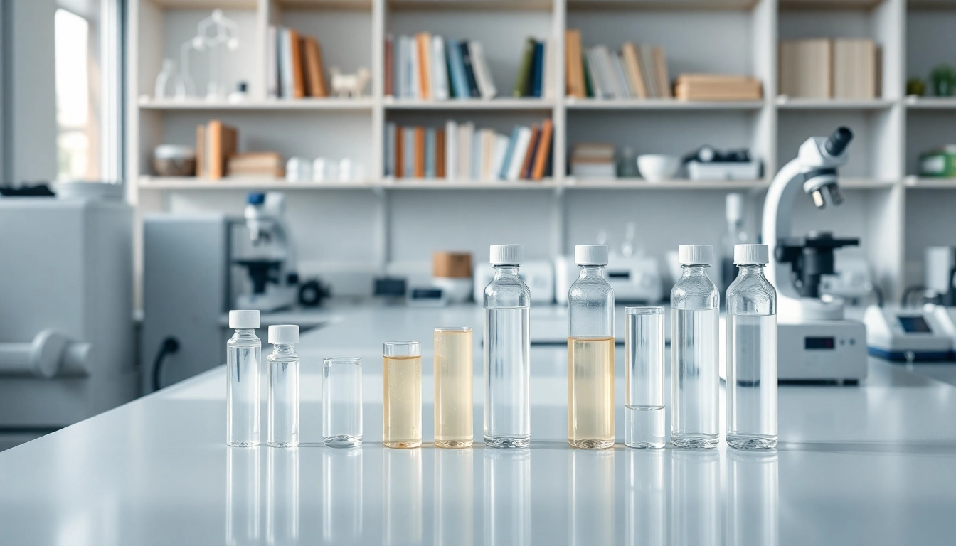 Showcase of peptide for sale in clear vials amidst a professional laboratory setting.