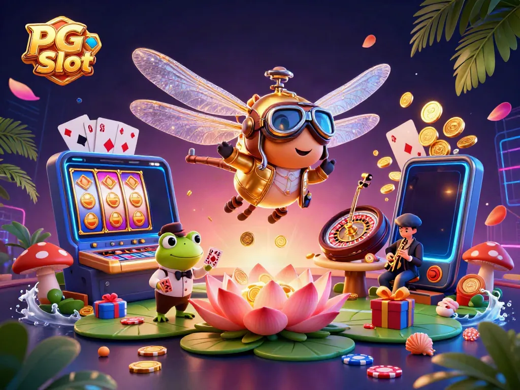 Permainan PG Slot dengan pemandangan kasino yang ramai oleh karakter unik dan elemen slot yang menarik.
