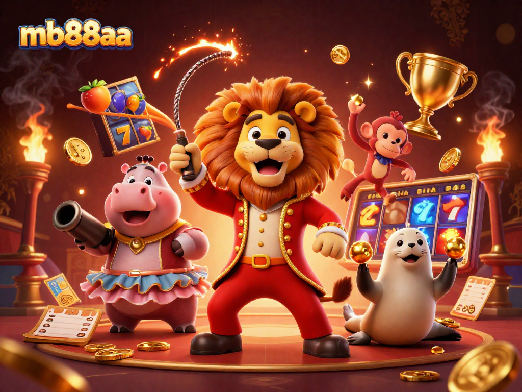 Join the fun at mb88aa with vibrant slots and animated circus characters in this online casino illustration.