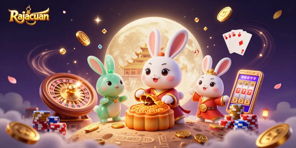 Rajacuan menghadirkan ilustrasi keceriaan perjudian dengan karakter kelinci bulan dan elemen kasino.