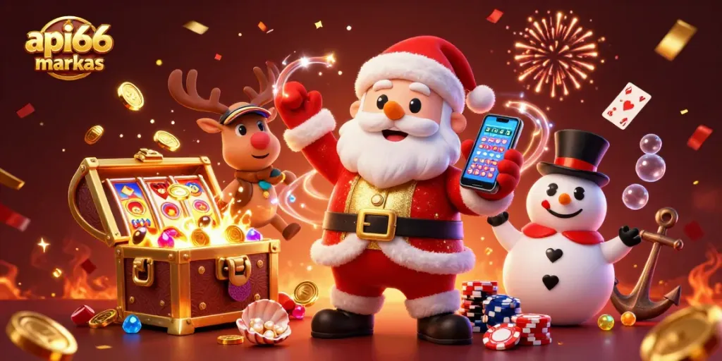 Experience the excitement of api66markas with Santa, reindeer, and a poker snowman in this vibrant casino scene.