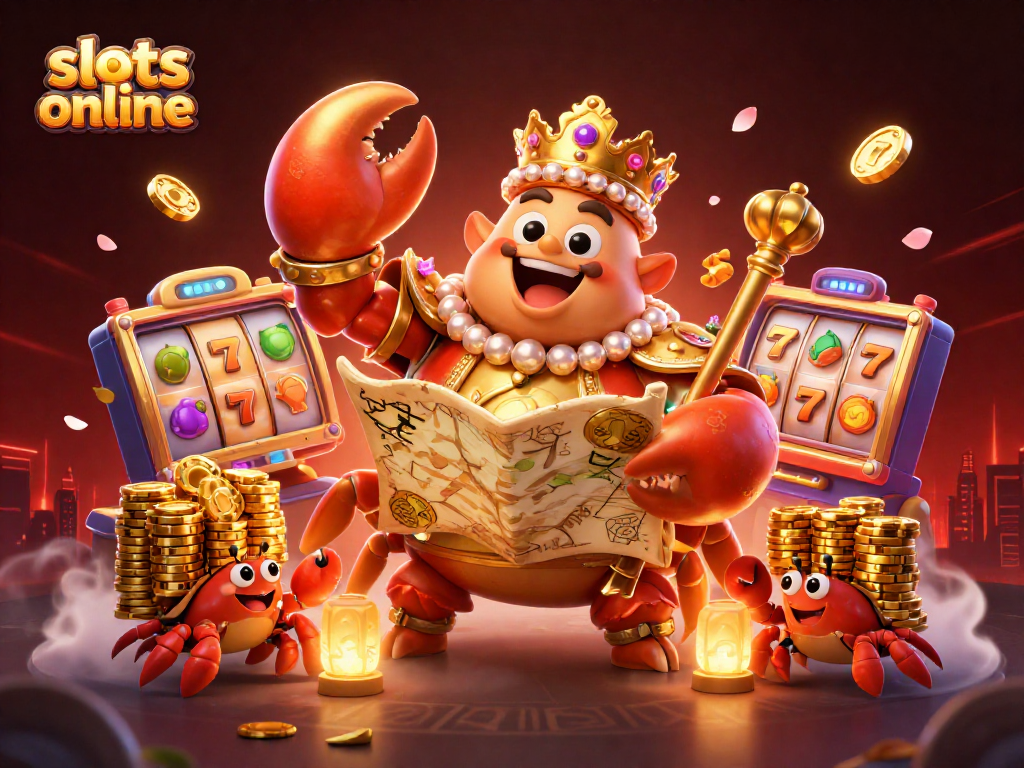 Engage with slots online as a golden crab emperor unveils a treasure map in a vibrant casino scene.