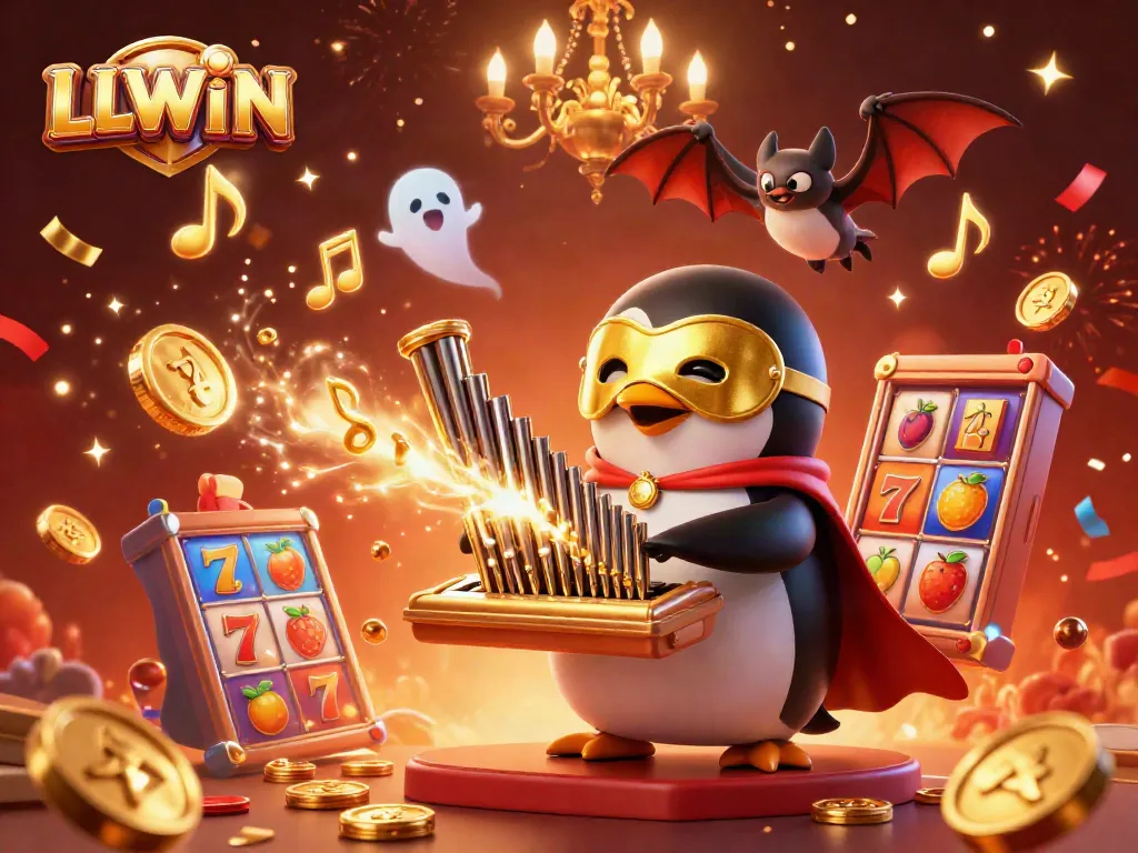 Experience thrilling casino excitement at LLWIN with a vibrant illustration of a penguin playing a golden organ surrounded by dynamic gambling elements.
