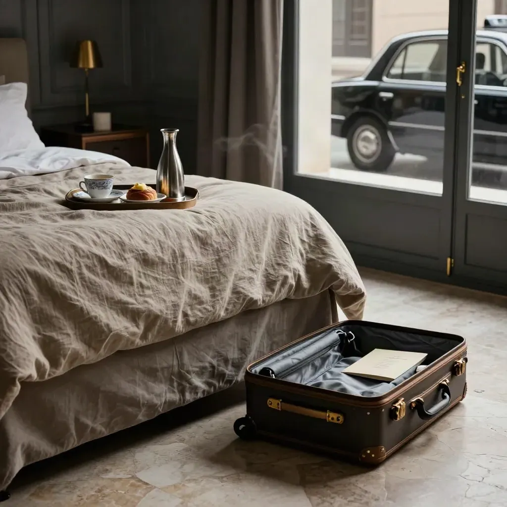 Moody Rome weekender room with unmade bed, breakfast tray, suitcase and cab reflection.