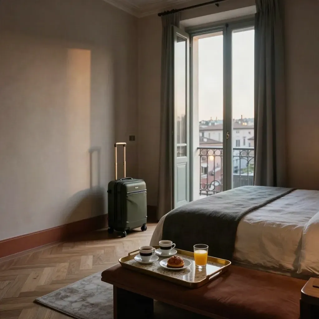 Monti suite corner at dawn with breakfast tray, brass luggage stand, and carry-on by the balcony.