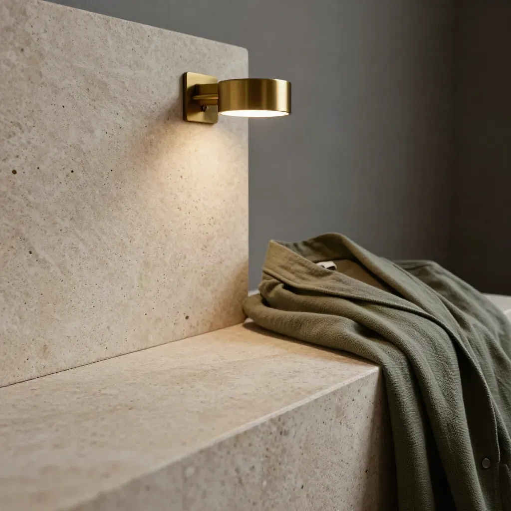 Stone headboard, brass lamp, cream duvet and olive robe on travertine in warm raking light.