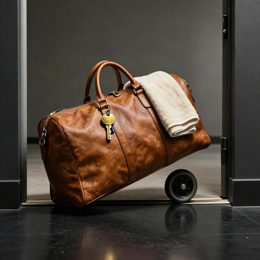Leather weekender, brass key, towel and porter's trolley in a dramatic airport transfer scene