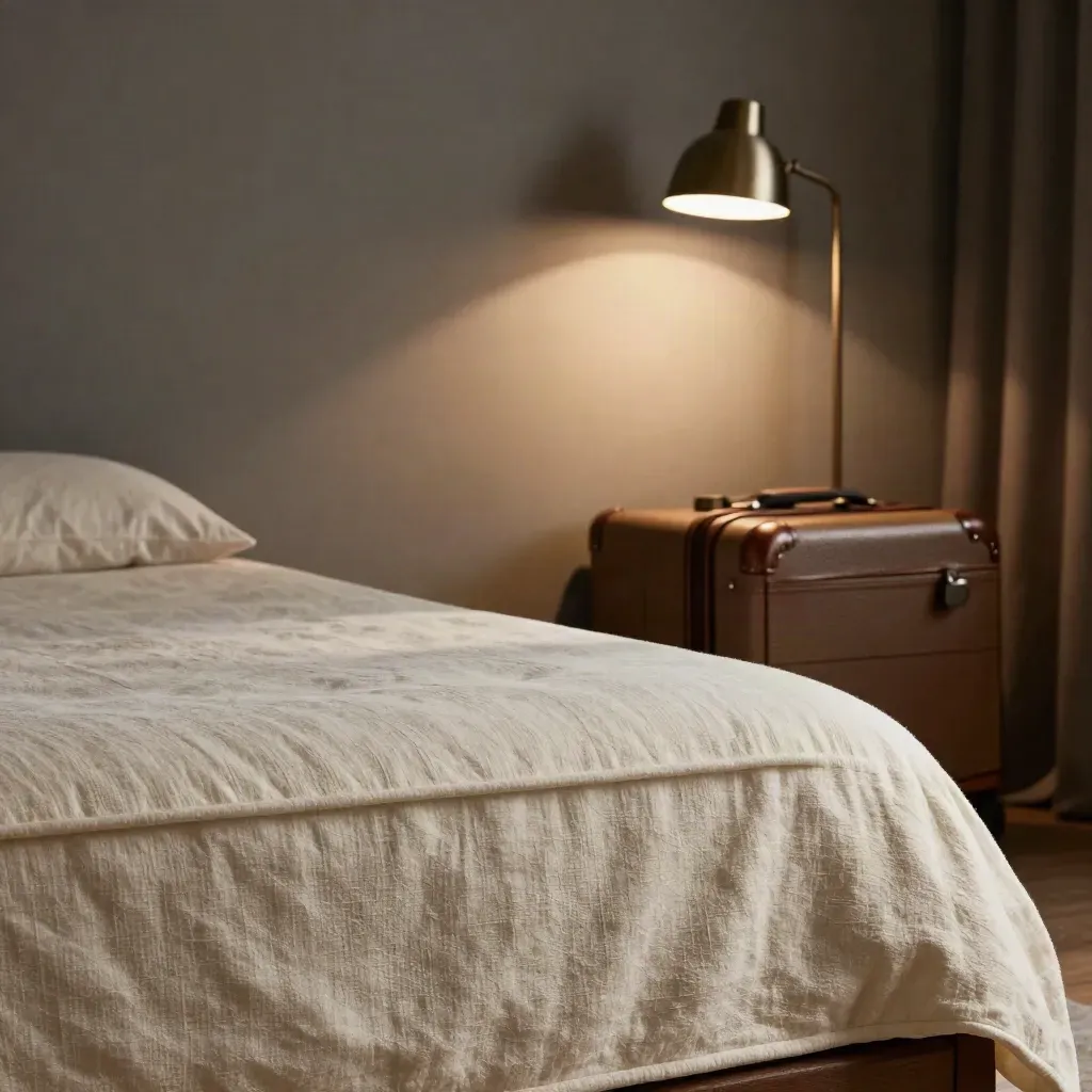 Extreme macro of linen, lamp arm and suitcase in a warm Roman hotel room