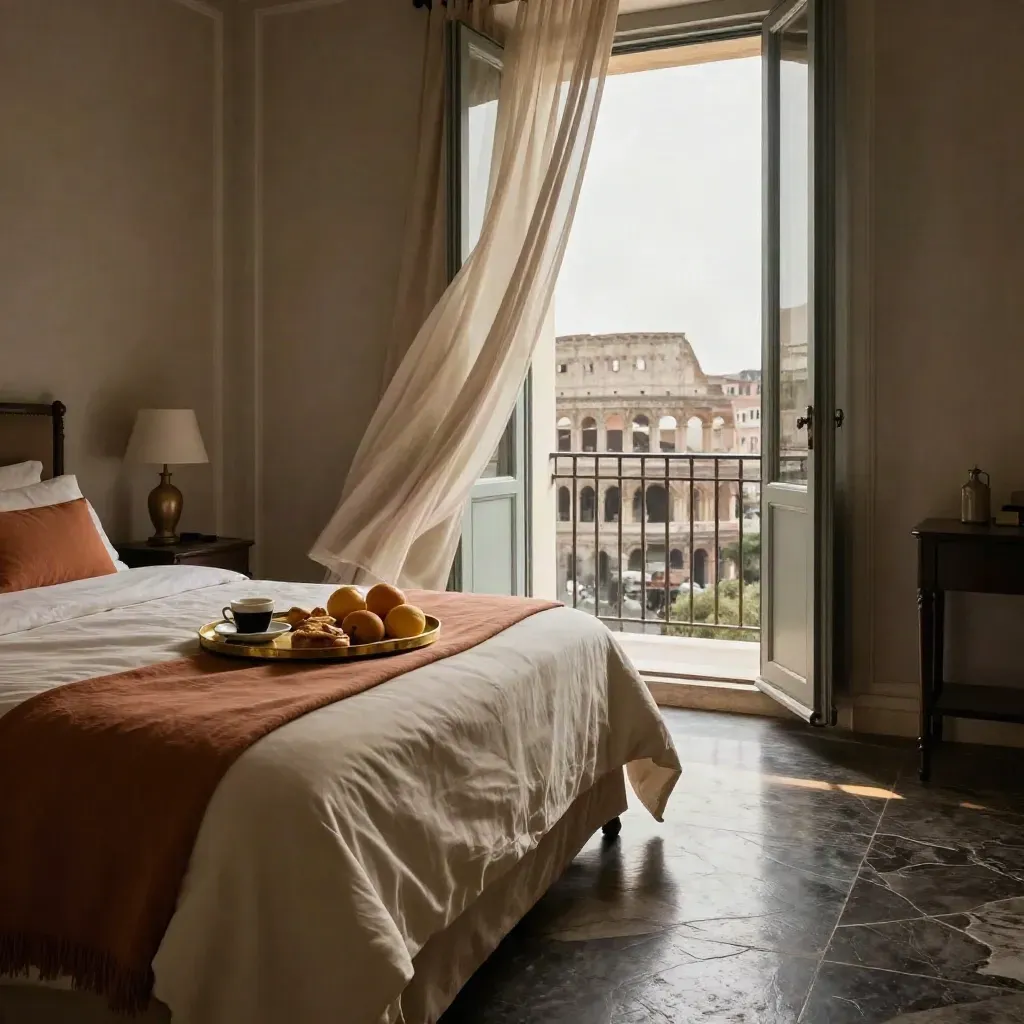 Roman suite with balcony light, breakfast tray, citrus, and a terracotta throw in wind.