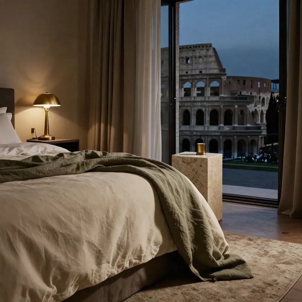 Luxury Roman suite bed with brass lamp, stone side table and terrace light