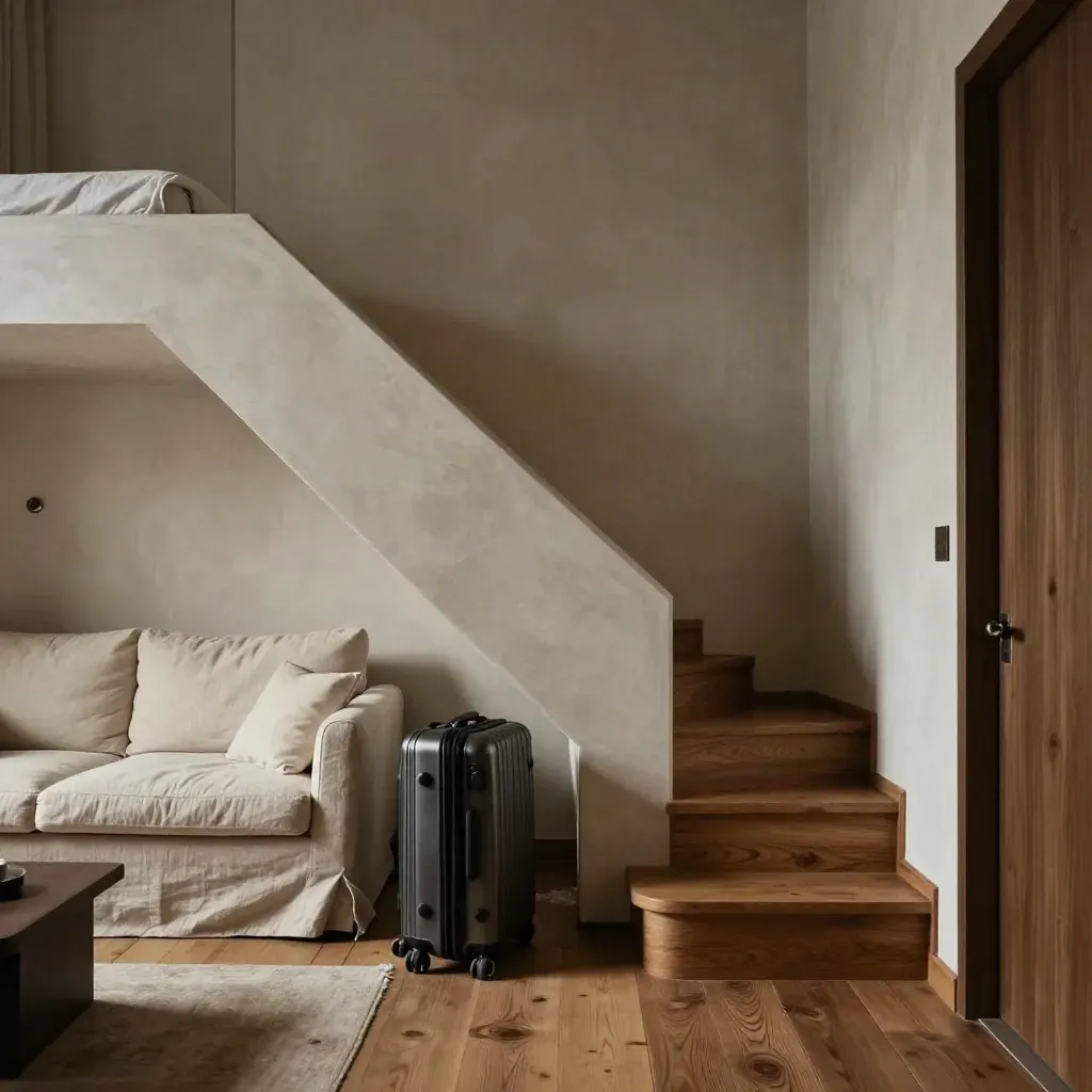 Monti loft apartment with sofa, suitcase, cup, and mezzanine stair in soft daylight.