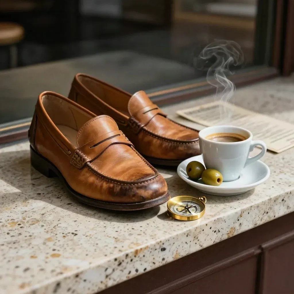 Worn loafers, espresso, olives, and brass disc on a Roman stone ledge at dawn