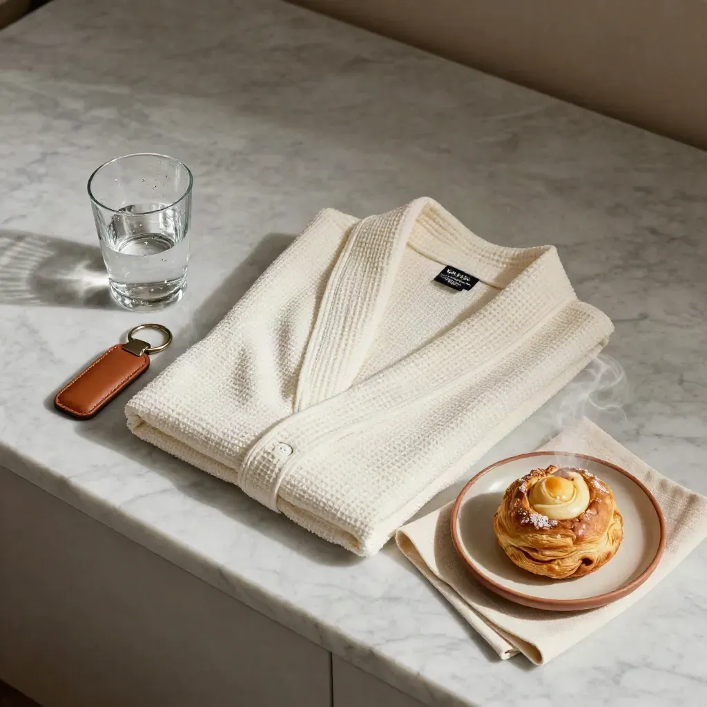 Top-down flat lay of robe, water glass, key fob and pastry on marble for a Roman Holiday Room.