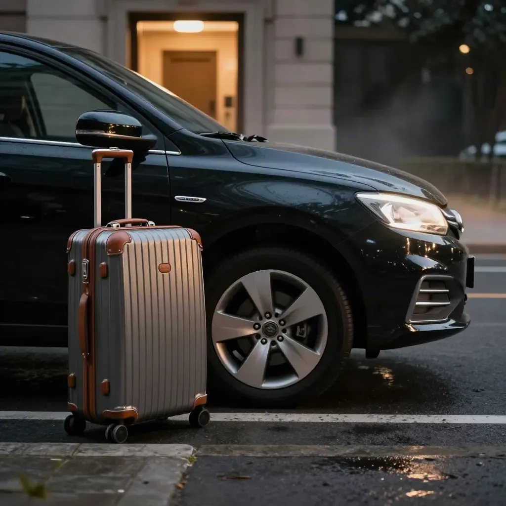 Sleek sedan and suitcase under hotel glow at a nighttime Rome airport pickup