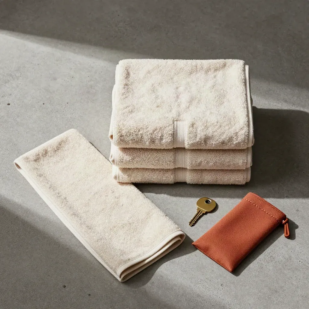 Overhead flatlay of towels, throw, brass key and carry pouch on concrete.