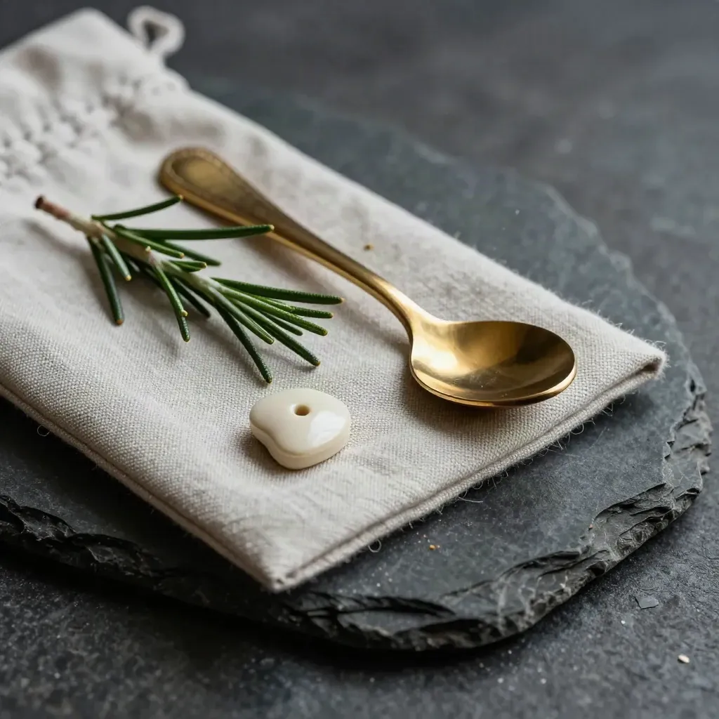 Linen pouch, ceramic token, coffee spoon and rosemary sprig on dark stone, close macro.