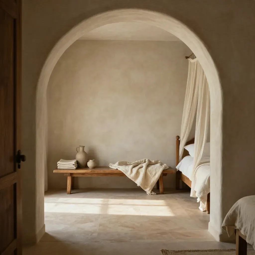 Warm Monti bedroom interior with plaster arch, linen canopy, and sunlit bench in soft haze.