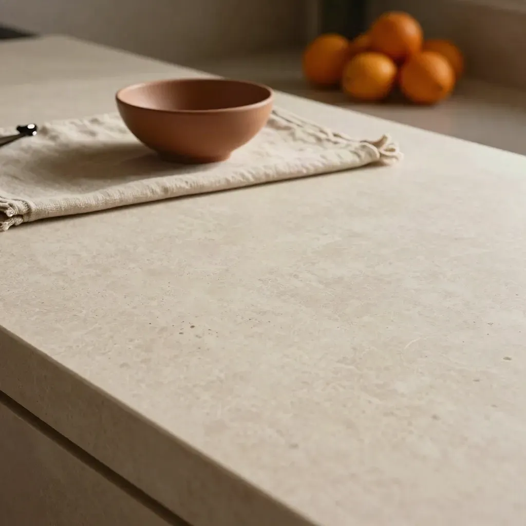 Travertine apartment surface with linen runner, terracotta bowl, and blurred citrus