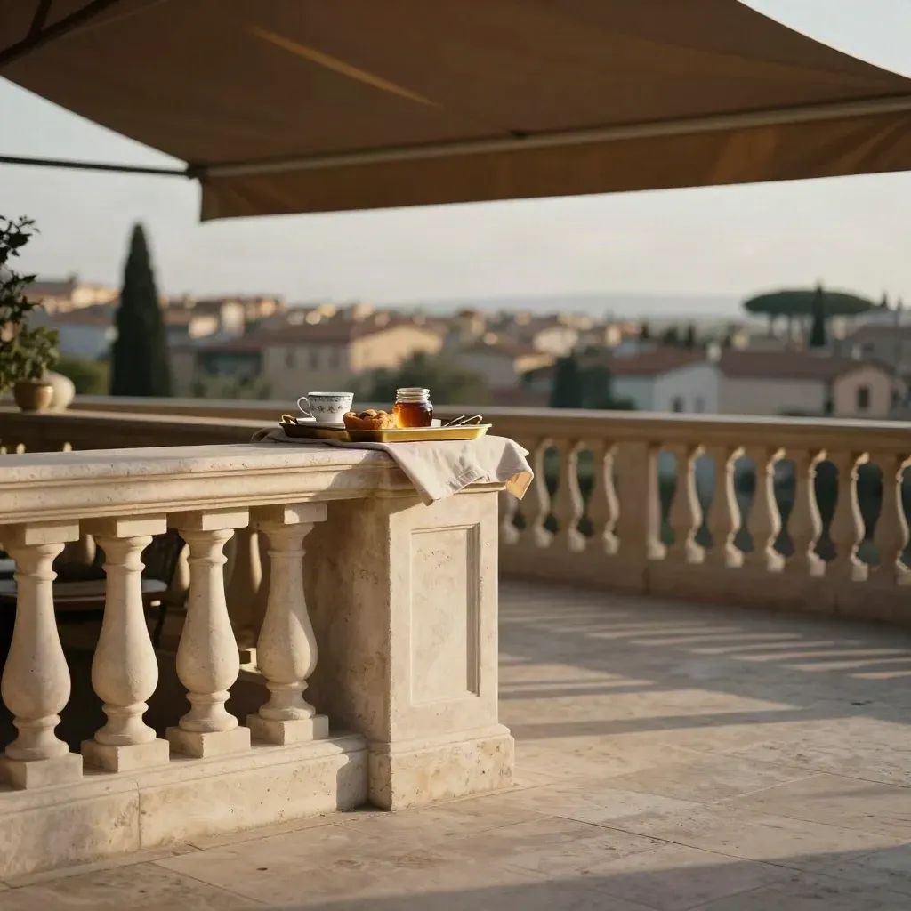 Sunlit Roman terrace breakfast tray by a balustrade, with awning shadows and hazy rooftops.