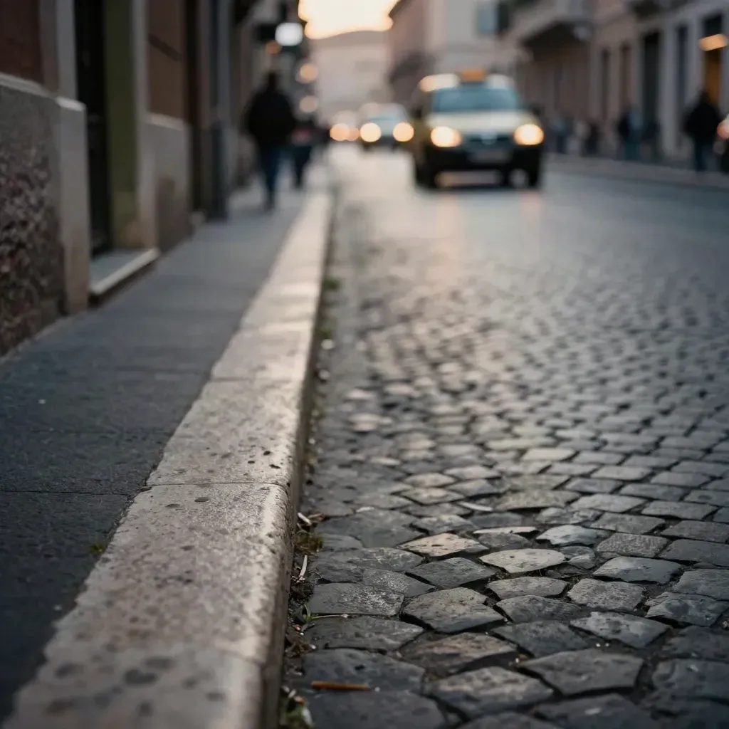 Blue-hour Roman street edge with taxi bokeh, glowing doorway, and calm curb space.