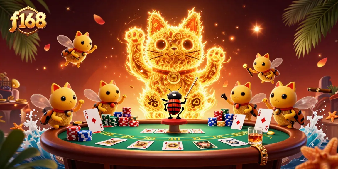 Experience the excitement of f168 with vibrant casino elements and a lucky cat illustration.