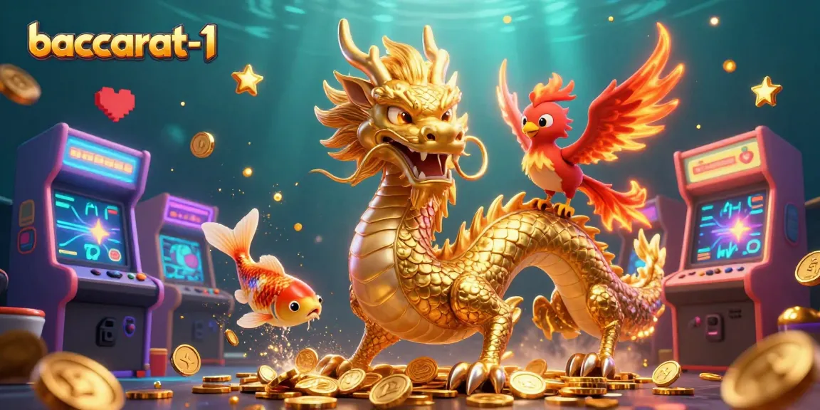 Experience baccarat-1 excitement with a fierce golden dragon, phoenix, and koi fish in a vibrant casino scene.