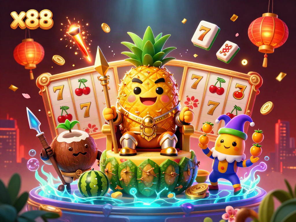 Spin the reels with x88 while experiencing vibrant casino fun amid golden pineapple royalty.