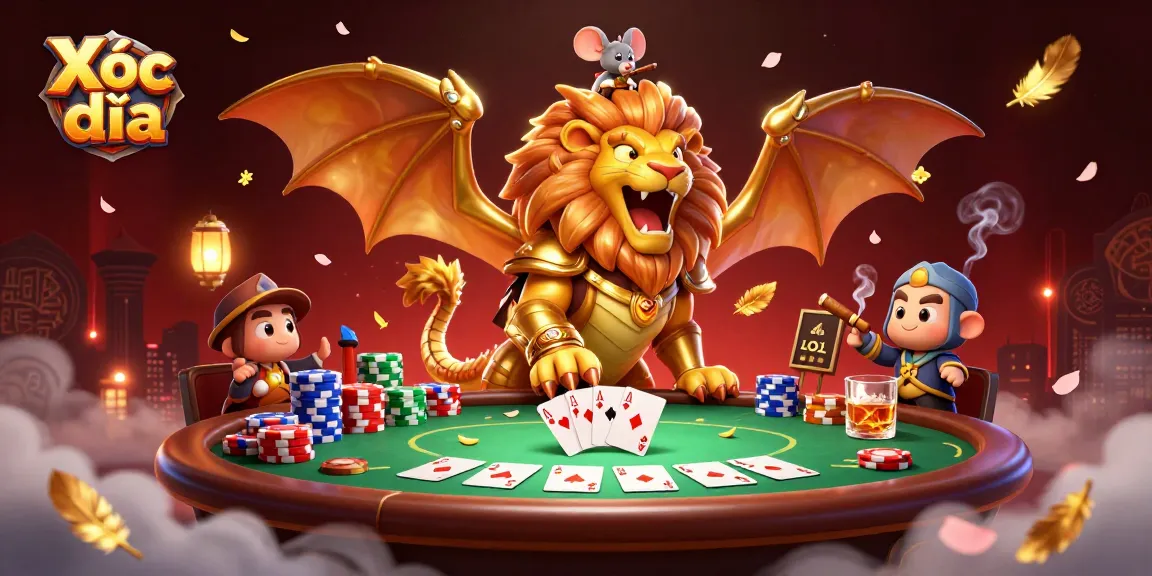Xóc đĩa game scene featuring a roaring chimera with poker elements and vibrant details