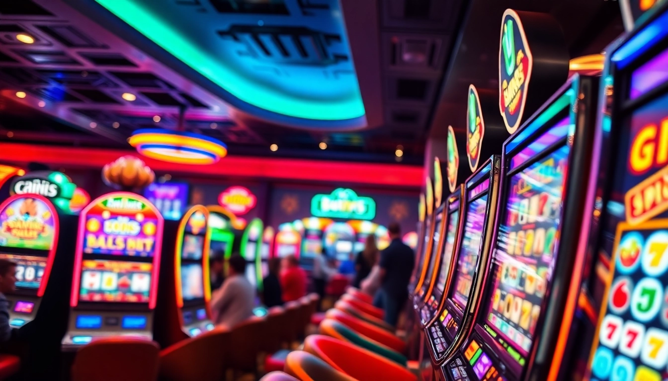 Engaging scene of slot gambling with vibrant machines in a lively casino atmosphere.