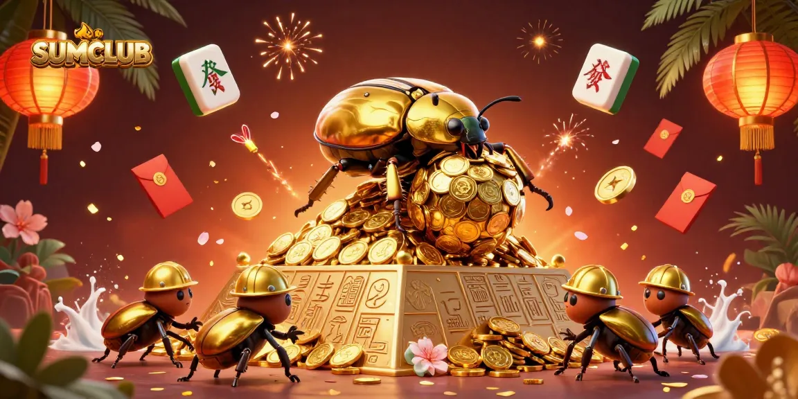 Experience SUMCLUB's thrilling excitement with golden beetles rolling coins in this vibrant casino scene.