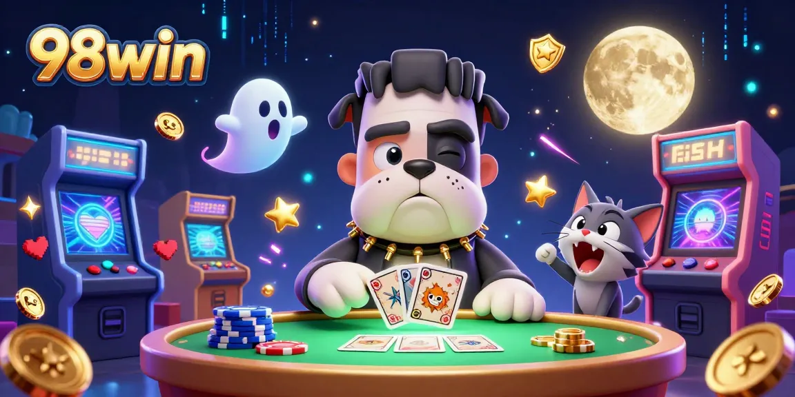 Join the thrilling gaming journey at 98win, where a Frankenstein bulldog deals cards with a ghost mouse and werewolf kitten.