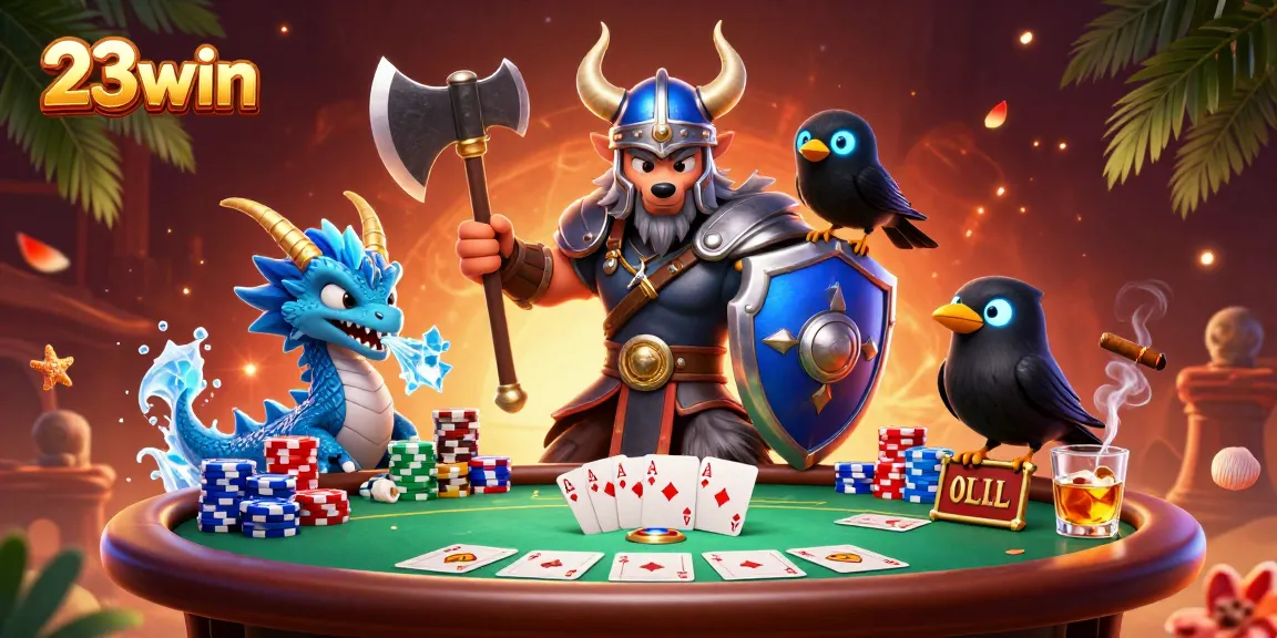 Experience thrilling gameplay with 23win as Viking wolf warrior and dragon battle on a poker table.